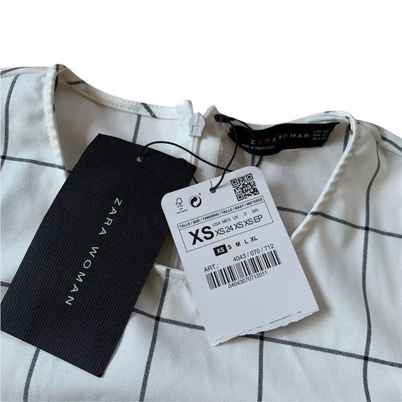 New Zara Plaid White and Black long sleeve top size xsmall - Picture 2 of 8
